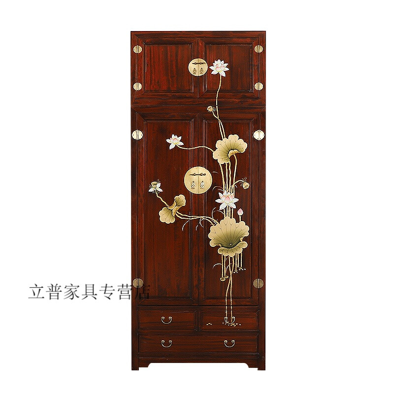 实木衣柜全实木新中式卧室全实木衣柜简约现代衣橱新中式手绘香樟木衣柜家用卧室双门大衣橱储物防虫蛀立柜子 花梨色荷花顶箱柜100*55*240 2门 整装